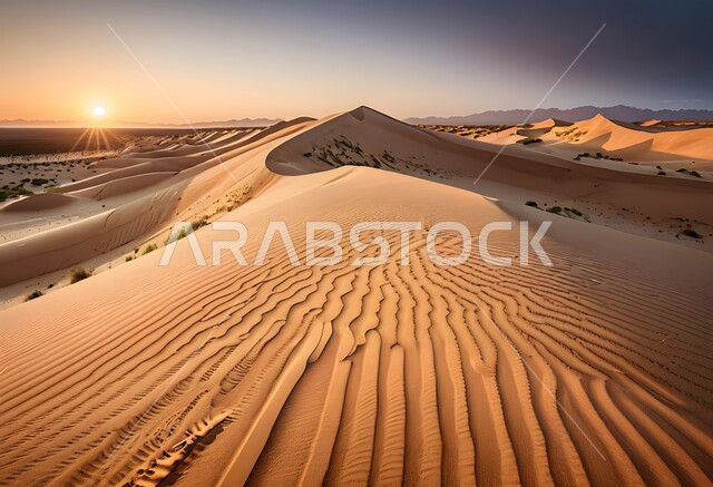 مناطق البادية والبيئة الطبيعية الصحراوية في النهار, التكوينات والتشكلات الرملية في صحراء المملكة العربية السعودية، التضاريس و المرتفعات والقمم الجبلية في البراري، التلال و الهضاب من الرمال الناعمة الذهبية، خلفية الطبيعة