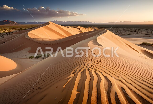 Sand formations and formations in the desert of the Kingdom of Saudi Arabia, terrain and heights and mountain peaks in the prairies, desert areas and the desert natural environment in the daytime, hills and plateaus of soft golden sand, nature background