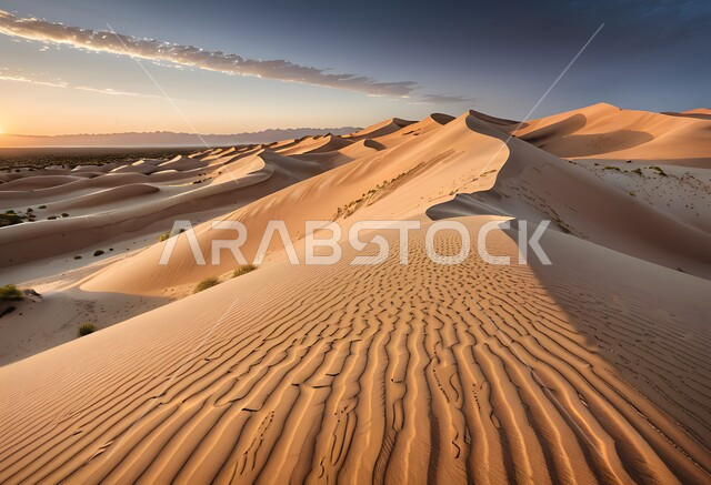 مناطق البادية والبيئة الطبيعية الصحراوية في النهار، التكوينات والتشكلات الرملية في صحراء المملكة العربية السعودية, التضاريس و المرتفعات والقمم الجبلية في البراري، التلال و الهضاب من الرمال الناعمة الذهبية، خلفية الطبيعة