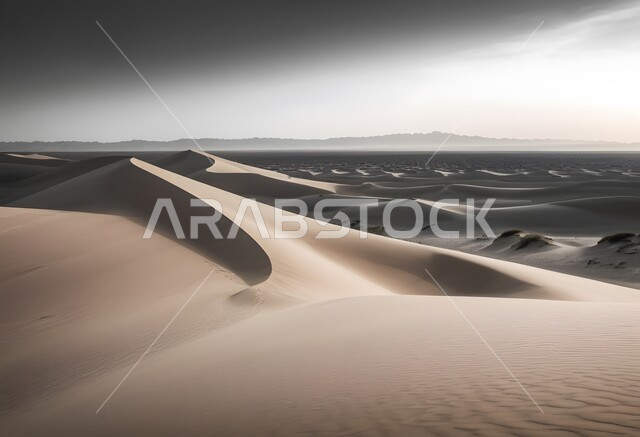 التضاريس و المرتفعات والقمم الجبلية في البراري، مناطق البادية والبيئة الطبيعية الصحراوية في النهار، التكوينات والتشكلات الرملية في صحراء المملكة العربية السعودية, التلال و الهضاب من الرمال الناعمة الذهبية، خلفية الطبيعة