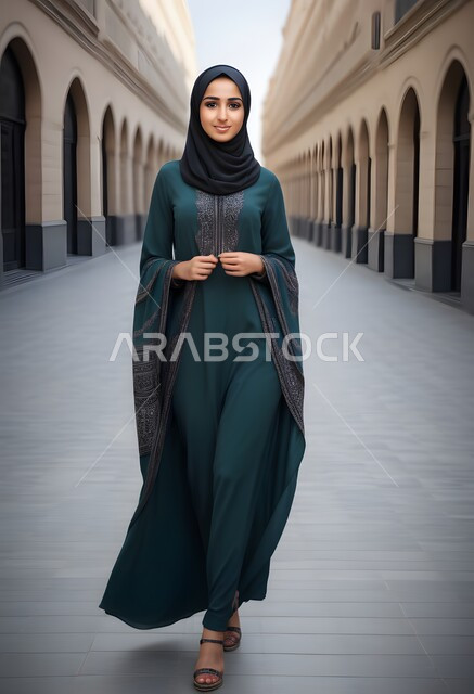 موديلات خليجية بتصاميم متنوعة، مفهوم الأناقة والأنوثة، حجابات اسلامية راقية، إمرأه عربية سعودية  ترتدي العباءة والحجاب تنظر الى الكاميرا بايماءات الجدية والثقة بالنفس، الاهتمام بالمظهر الخارجي، الأزياء العصرية التقليدية