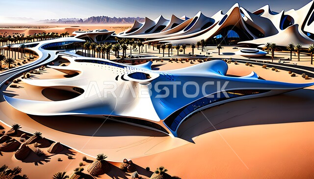 تصاميم خيالية ثلاثية الأبعاد لصحراء مستقبلية، صحراء متطورة بالمباني ذات التصاميم الهندسية الحديثة، رؤية مستقبلية سعودية 2030، خلفية الطبيعة الصحراوية