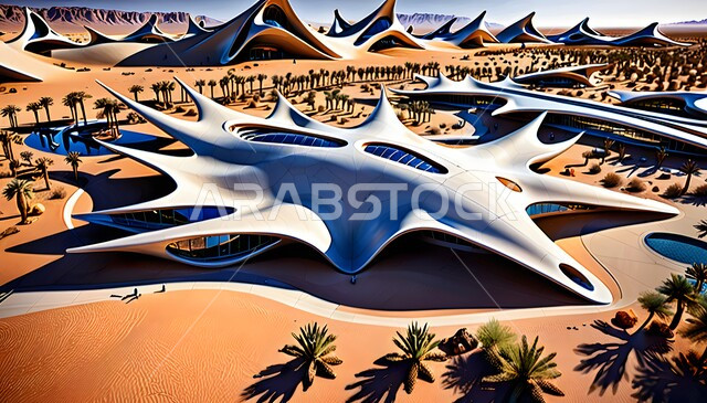 رؤية مستقبلية سعودية 2030، صحراء متطورة بالمباني ذات التصاميم الهندسية الحديثة، تصاميم خيالية ثلاثية الأبعاد لصحراء مستقبلية، خلفية الطبيعة الصحراوية