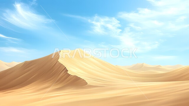 مناطق البادية والبيئة الطبيعية الصحراوية في النهار, التكوينات والتشكلات الرملية في صحراء المملكة العربية السعودية، التضاريس و المرتفعات والقمم الجبلية في البراري، التلال و الهضاب من الرمال الناعمة الذهبية، خلفية الطبيعة