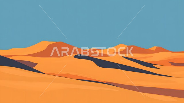 مناطق البادية والبيئة الطبيعية الصحراوية في النهار, التكوينات والتشكلات الرملية في صحراء المملكة العربية السعودية، التضاريس و المرتفعات والقمم الجبلية في البراري، التلال و الهضاب من الرمال الناعمة الذهبية، خلفية الطبيعة