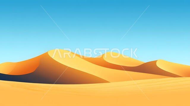 مناطق البادية والبيئة الطبيعية الصحراوية في النهار, التكوينات والتشكلات الرملية في صحراء المملكة العربية السعودية، التضاريس و المرتفعات والقمم الجبلية في البراري، التلال و الهضاب من الرمال الناعمة الذهبية، خلفية الطبيعة