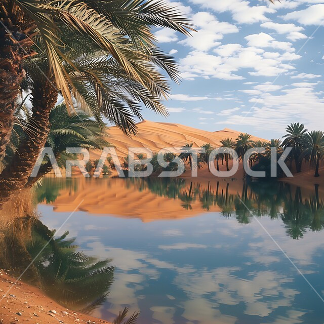 انعكاس صورة أشجار النخيل والغيوم على المياه الصافية, الاستمتاع بالمناظر الطبيعية في إحدى واحات المملكة,  البيئة الصحراوية والطبيعة الجبلية في السعودية, المناطق السياحية الهادئة, خلفية السماء المليئة بالسحب البيضاء