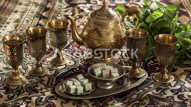 الاستمتاع بالمشروبات الساخنة، الاواني الذهبية بزخارف تقليدية، التقاليد و العادات القديمة في تقديم الشاي, صورة مقربة لمجموعة من الفناجين المزخرفة مع طبق من النعناع ومكعبات السكر على الطاولة, كرم الإستقبال وحسن الضيافة في المملكة العربية السعودية
