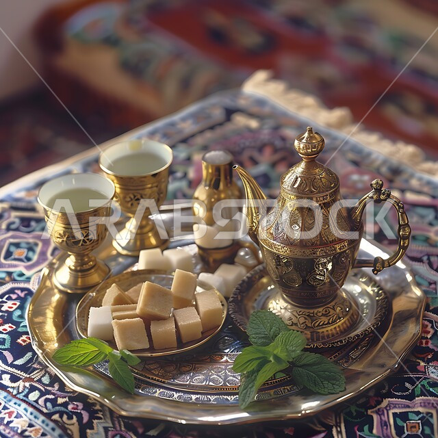 التقاليد و العادات القديمة في تقديم الشاي, صورة مقربة لمجموعة من الفناجين المزخرفة مع طبق من النعناع ومكعبات السكر على الطاولة, كرم الإستقبال وحسن الضيافة في المملكة العربية السعودية, الاستمتاع بالمشروبات الساخنة، الاواني الذهبية بزخارف تقليدية