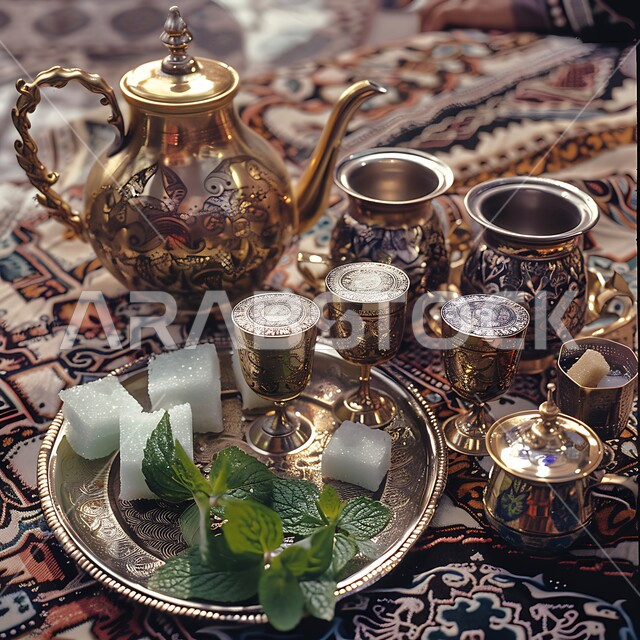 حسن الضيافة والاستقبال في المملكة العربية السعودية, الاستمتاع بالمشروبات الساخنة، الاواني الذهبية بزخارف تقليدية، التقاليد و العادات القديمة في تقديم الشاي, صورة مقربة لمجموعة من الفناجين المزخرفة مع طبق من النعناع ومكعبات السكر على الطاولة