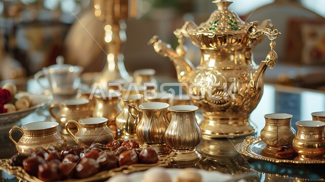 إعداد قهوة سعودية تقليدية على طاولة غرفة الاجتماعات مع طبق من التمر الشهي، التراث والأصالة والعراقة, حسن الضيافه وكرم الإستقبال في المملكة العربية السعودية، العادات العربية القديمة في تقديم القهوة, جودة المنتجات المحلية الوطنية, الاستمتاع بالمشروبات الساخنة