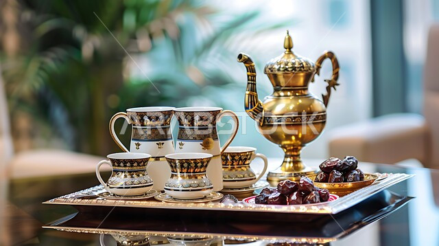 Quality of local national products, enjoying hot drinks, preparing traditional Saudi coffee on the meeting room table with a plate of delicious dates, heritage, authenticity and antiquity, hospitality and generous reception in the Kingdom of Saudi Arabia, ancient Arab customs in serving coffee