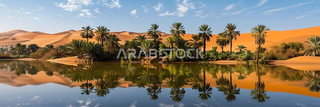 المناطق السياحية الهادئة, البيئة الصحراوية والطبيعة الجبلية في السعودية, صورة بانورامية انعكاس صورة أشجار النخيل والغيوم على المياه الصافية, الاستمتاع بالمناظر الطبيعية في إحدى واحات المملكة, خلفية السماء المليئة بالسحب البيضاء