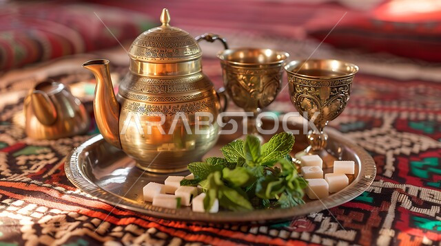 التقاليد و العادات القديمة في تقديم الشاي, صورة مقربة لمجموعة من الفناجين المزخرفة مع طبق من النعناع ومكعبات السكر على الطاولة, كرم الإستقبال وحسن الضيافة في المملكة العربية السعودية, الاستمتاع بالمشروبات الساخنة، الاواني الذهبية بزخارف تقليدية