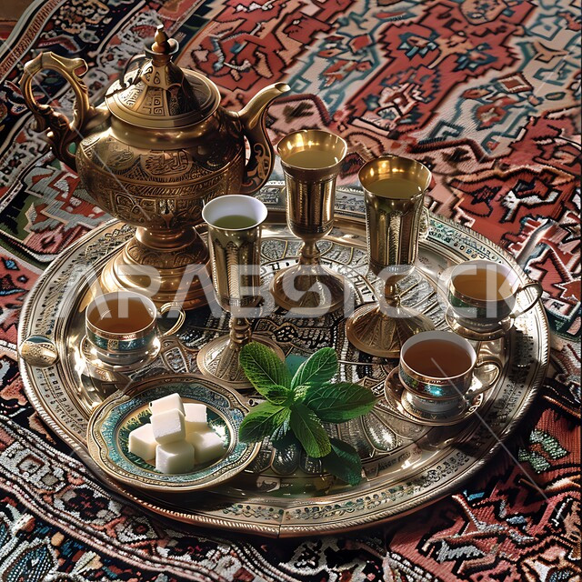 الاستمتاع بالمشروبات الساخنة، الاواني الذهبية بزخارف تقليدية، التقاليد و العادات القديمة في تقديم الشاي, صورة مقربة لمجموعة من الفناجين المزخرفة مع طبق من النعناع ومكعبات السكر على الطاولة, كرم الإستقبال وحسن الضيافة في المملكة العربية السعودية