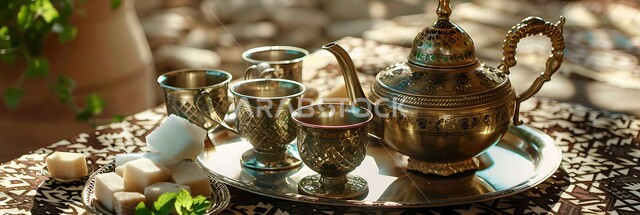 كرم الإستقبال وحسن الضيافة في المملكة العربية السعودية, الاستمتاع بالمشروبات الساخنة، الاواني الذهبية بزخارف تقليدية، التقاليد و العادات القديمة في تقديم الشاي, صورة مقربة لمجموعة من الفناجين المزخرفة مع طبق من النعناع ومكعبات السكر على الطاولة