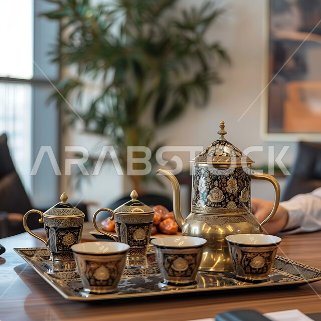 التراث والأصالة والعراقة, حسن الضيافه وكرم الإستقبال في المملكة العربية السعودية، العادات العربية القديمة في تقديم القهوة, جودة المنتجات المحلية الوطنية, الاستمتاع بالمشروبات الساخنة, إعداد قهوة سعودية تقليدية على طاولة غرفة الاجتماعات مع طبق من التمر الشهي