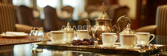 العادات العربية القديمة في تقديم القهوة, جودة المنتجات المحلية الوطنية, الاستمتاع بالمشروبات الساخنة, إعداد قهوة سعودية تقليدية على طاولة غرفة الاجتماعات مع طبق من التمر الشهي، التراث والأصالة والعراقة, حسن الضيافه وكرم الإستقبال في المملكة العربية السعودية