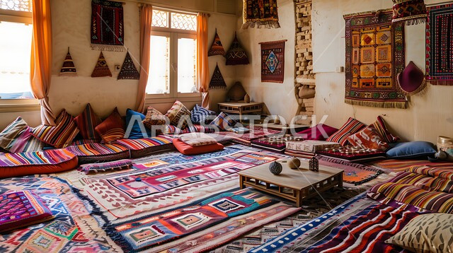 مجلس تقليدي مزود بوسائد ملونة وسجاد وطاولات منخفضة، العراقة والأصالة والتراث السعودي, المجالس الشعبية التقليدية في المملكة العربية السعودية, مضافة العرب وجلسات الوناسة الممتعة, التمسك بالارث السعودي
