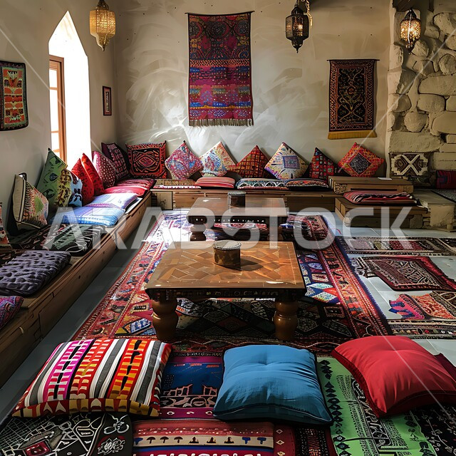 العراقة والأصالة والتراث السعودي, المجالس الشعبية التقليدية في المملكة العربية السعودية, مضافة العرب وجلسات الوناسة الممتعة, التمسك بالارث السعودي, مجلس تقليدي مزود بوسائد ملونة وسجاد وطاولات منخفضة