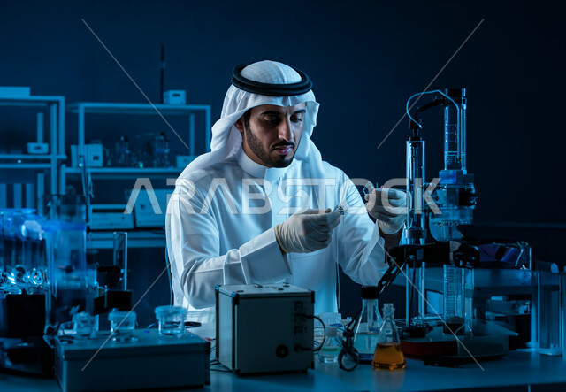 علم العقاقير والصناعات الدوائية الحيوية في السعودية، استخدام الماصة والأنابيب المعقمة لتحليل العينات المختلفة، مخبري عربي خليجي سعودي يرتدي الثوب التقليدي و الشماغ يقوم بإجراء التجارب والبحوث العلمية في المختبر
