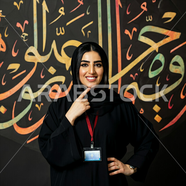 النظر إلى الكاميرا بإيماءات السعادة و السرور, الشغف باللوحات التشكيلية الفنية, شابة عربية خليجية سعودية محجبة مبتسمة ترتدي العباءة السوداء تقف أمام لوحة كلمات باللغة العربية