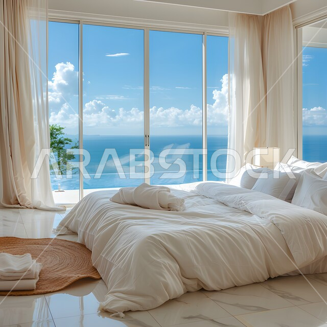 Using elegant artistic style in home furniture, distinctive interior designs for villas and residential apartments in the Kingdom of Saudi Arabia, a comfortable bed in calm colors, high-end interior home accessories