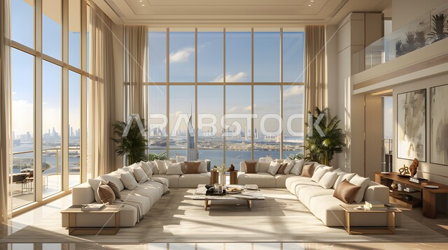 Modern contemporary living room with large glass facade, interior design of homes and houses in white, elegant interior furniture and home accessories, luxury residential apartments and villas, hotels and resorts with high-end decorations in the Kingdom of Saudi Arabia
