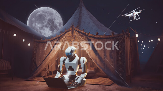 روبوت يجلس على الأرض يستخدم اللاب توب في وسط البرية، كشتة بر في البادية، أماكن التخييم في صحراء المملكة العربية السعودية، الأجواء الهادئة للطبيعة الصحراوية في وقت الليل مع ضوء القمر، منظر السماء المليئة بالغيوم، التلال والكثبان الرملية الناعمة