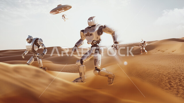 مجموعة من الروبوتات في الصحراء وفوقهم طبق طائر قادمون من الفضاء في وسط البرية، في البادية، أماكن التخييم في صحراء المملكة العربية السعودية، الأجواء الهادئة للطبيعة الصحراوية في وقت الصباح مع أشاعة الشمس، منظر السماء الصافي مع بعض من السحاب، التلال والكثبان الرملية الناعمة