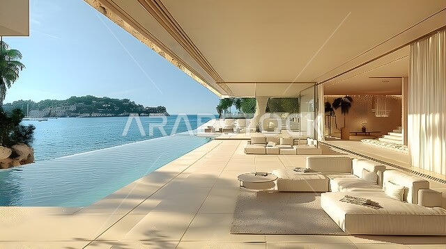 واجهات زجاجية كبيرة، الفن الهندسي المعماري للفلل والشقق السكنية، ديكور داخلي راقي للغرف، غرفة معيشة فاخرة باللون الأبيض، الأضواء والأنوار والأكسسوارات المنزلية، التصميم العصري الحديث في المملكة العربية السعودية