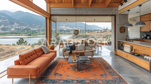 الفن الهندسي المعماري للفلل والشقق السكنية، ديكور داخلي راقي للغرف، واجهات زجاجية كبيرة، غرفة معيشة فاخرة باللون البرتقالي، الأضواء والأنوار والأكسسوارات المنزلية، التصميم العصري الحديث في المملكة العربية السعودية