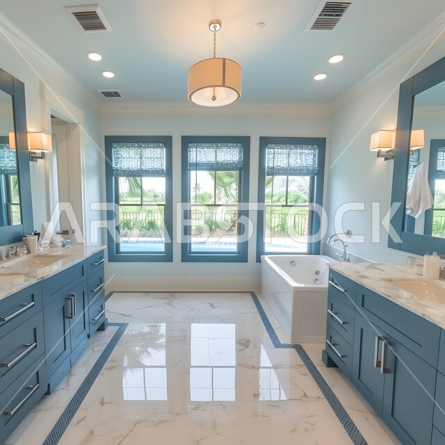 الفن الهندسي المعماري للفلل والمنازل الراقية، الحمام الداخلي الحديث باللون الأبيض والأزرق، ديكورات وتصاميم فاخرة وأحواض الاستحمام في الشقق السياحية، دورة مياه رخاميه أنيقة في أحد المباني السكنيه