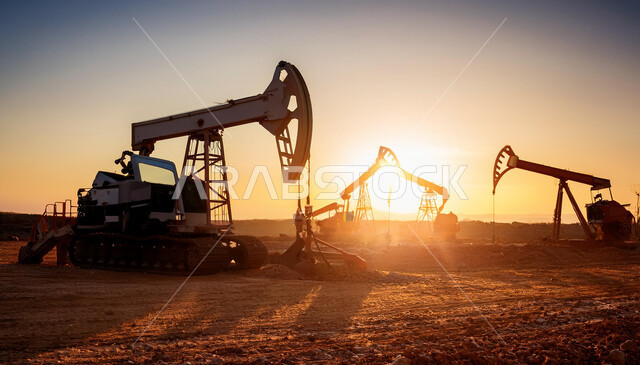 حفارة تقوم بالتنقيب عن النفط في الصحراء في وقت غروب الشمس, استيراد وتصدير الثروات الباطنية، جودة الأدوات والمعدات لصناعة وتخزين البترول، رافعات وآلات حفر ضخمة لاستخراج الزيوت