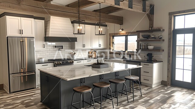 تصميم داخلي لمطبخ على الطراز الحديث, الديكورات العصرية للمطابخ الفاخرة في المملكة العربية السعودية، الأضواء المعلقة وتناسق الألوان, أثاث منزلي راقي، شقق وفلل سكنية مميزة