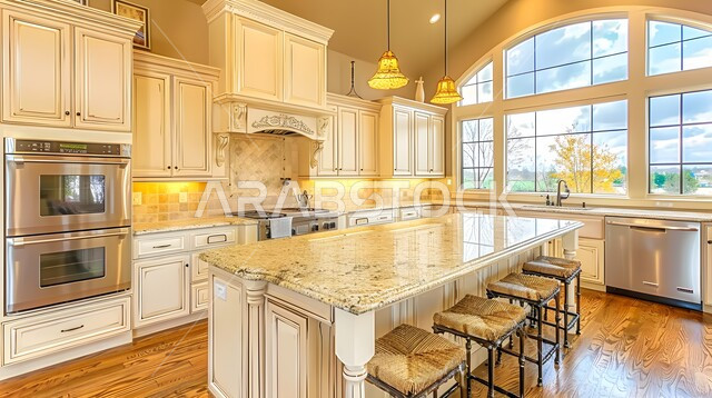 Modern marble decorations for luxury kitchens in the Kingdom of Saudi Arabia, interior design for a modern style kitchen, hanging lights and color consistency, sophisticated home furniture, distinctive apartments and villas