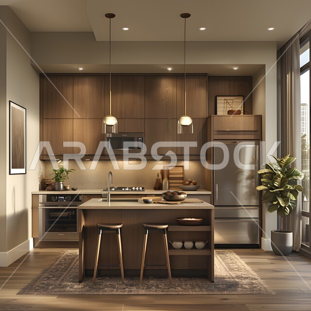 استخدام الطراز الفني الأنيق في الأثاث المنزلي، الديكورات العصرية للمطابخ العربية باللون البني، تصاميم داخلية متميزة للفلل والشقق السكنية في المملكة العربية السعودية، طاولة طعام خشبية فاخرة