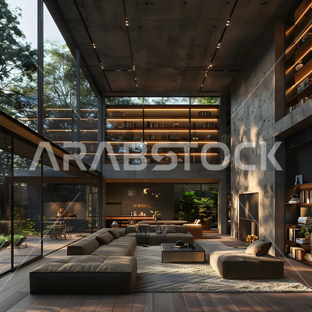 الفن الهندسي المعماري للفلل والشقق السكنية، واجهات زجاجية كبيرة، ديكور داخلي راقي للغرف، غرفة معيشة فاخرة باللون الرمادي، التصميم العصري الحديث في المملكة العربية السعودية