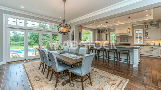 تصميم داخلي لمطبخ على الطراز الحديث, الديكورات العصرية للمطابخ الفاخرة في المملكة العربية السعودية، الأضواء المعلقة وتناسق الألوان, أثاث منزلي راقي، شقق وفلل سكنية مميزة