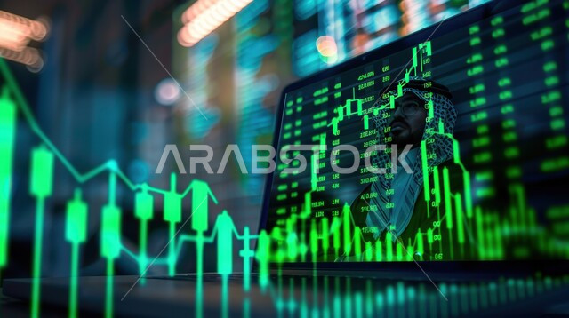 الاطلاع على الرسوم البيانية، مفهوم النجاح في التداول المالي, رجل عربي خليجي سعودي يرتدي الثوب التقليدي و الشماغ على شاشة مليئة بالأرقام و الإحصائيات، مراقبة الاقتصاد والاستثمارات المالية، خلفية هولوجرامية ثلاثية الأبعاد باللون الأخضر