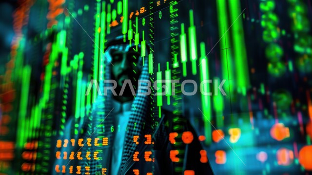 الاطلاع على الرسوم البيانية، مفهوم النجاح في التداول المالي, رجل عربي خليجي سعودي يرتدي الثوب التقليدي و الشماغ على شاشة مليئة بالأرقام و الإحصائيات، مراقبة الاقتصاد والاستثمارات المالية، خلفية هولوجرامية ثلاثية الأبعاد باللون الأخضر