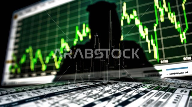 مفهوم النجاح في التداول المالي, الاطلاع على الرسوم البيانية، رجل عربي خليجي سعودي يرتدي الثوب التقليدي و الشماغ على شاشة مليئة بالأرقام و الإحصائيات، مراقبة الاقتصاد والاستثمارات المالية، خلفية هولوجرامية ثلاثية الأبعاد باللون الأخضر