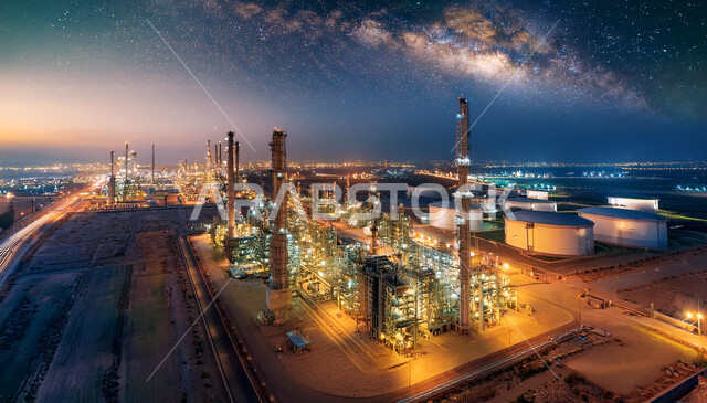 The concept of growth and urban progress in the Kingdom of Saudi Arabia, architectural engineering art of buildings and commercial facilities, towers and skyscrapers lit at night