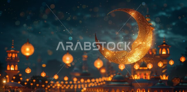 السرور والبهجة بقدوم شهر الخير، مفهوم العبادة والطاعة والتقرب الى الله، آداء الفرائض والصلوات، الاجواء الرمضانية الروحانية، زينة وديكورات للاعياد والمناسبات الدينية، منظر الهلال المنير والفوانيس المضيئة المعلقة