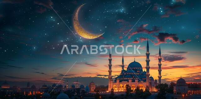 زينة وديكورات وتصاميم متميزة على الطراز الاسلامي للقبب والمآذن المضيئة ليلا، مسجد عربي فاخر، آداء الفرائض والصلوات، منظر الهلال في السماء المليئة بالنجوم، الاجواء الرمضانية الروحانية، السرور والبهجة بقدوم شهر الخير، مفهوم العبادة والطاعة والتقرب الى الله