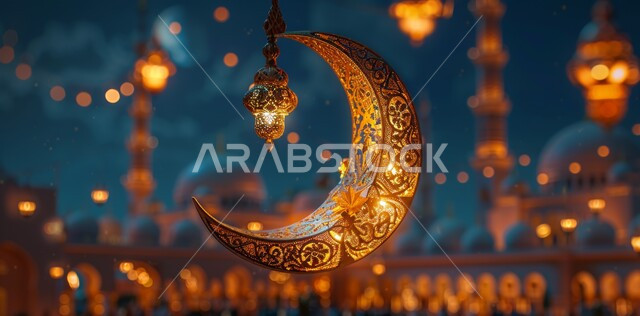 السرور والبهجة بقدوم شهر الخير، مفهوم العبادة والطاعة والتقرب الى الله، آداء الفرائض والصلوات، الاجواء الرمضانية الروحانية، زينة وديكورات للاعياد والمناسبات الدينية، منظر الهلال المنير والفوانيس المضيئة المعلقة
