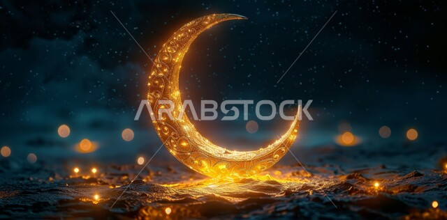 السرور والبهجة بقدوم شهر الخير، مفهوم العبادة والطاعة والتقرب الى الله، آداء الفرائض والصلوات، منظر الهلال في السماء المليئة بالنجوم، الاجواء الرمضانية الروحانية