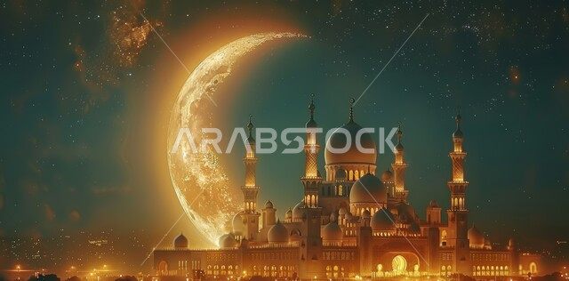 Distinctive Islamic-style decorations and designs for illuminated domes and minarets at night, a luxurious Arabic mosque, performing religious duties and prayers, the sight of the crescent moon in the star-filled sky, the spiritual Ramadan atmosphere, the joy and happiness of the arrival of the month of goodness, the concept of worship, obedience and drawing closer to God