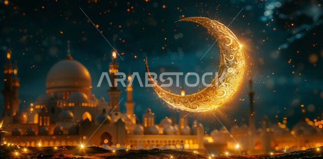آداء الفرائض والصلوات، منظر الهلال في السماء المليئة بالنجوم، الاجواء الرمضانية الروحانية، السرور والبهجة بقدوم شهر الخير، مفهوم العبادة والطاعة والتقرب الى الله، زينة وديكورات وتصاميم متميزة على الطراز الاسلامي للقبب والمآذن المضيئة ليلا، مسجد عربي فاخر