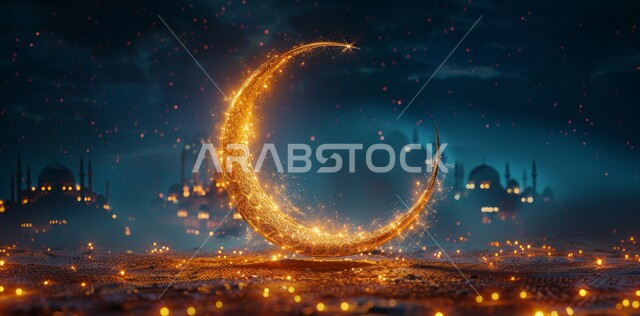 مفهوم العبادة والطاعة والتقرب الى الله، آداء الفرائض والصلوات، الاجواء الرمضانية الروحانية، منظر القمر المنير، ديكورات وتصاميم متميزة على الطراز الاسلامي للقبب والمآذن المضيئة ليلا، مسجد عربي فاخر، السرور والبهجة بقدوم شهر الخير